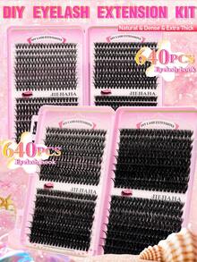 640pcs D-Curl Fluffy False Eyelashes Set, Includes Eyelash Glue, Tweezer, Mascara Brush, Magnifying Eyelashes, Lightweight & Reusable, Large Capacity Individual Lashes, Soft & Natural Mixed Lashes For 3D Volumized Eye Makeup