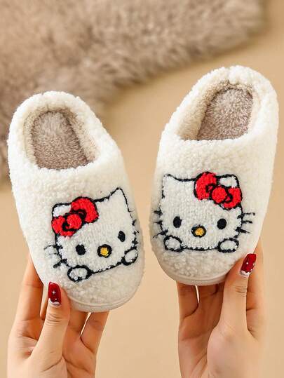 Sanrio Barnflickors moderiktiga varma plyschiga KT-katttofflor, bekväma fluffiga hustofflor för höst/vinter