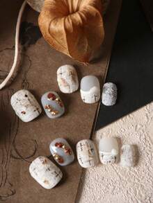 10pcs Acrylic Press On Nails White Nails Woolen Pattern French Stylenail Supplies Nails Press On Short Nails Fake Nails Artificial Nails Kit Includes 1sheet Adhesive Tabs &1 Pc Mini File - Multicolor - View 3