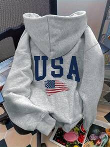 Plus Size Women's USA - Themed Text National Flag Element Vintage Style Pattern Graphic Sweatshirt | Loose Casual Fall & Winter - Light Grey - View 5