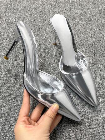 2025 Women's Sexy Glamorous Silver High Heel Pumps, Pointed Toe Stilettos, Slip-On Heels, Comfortable For Daily Wear, Work And Shopping