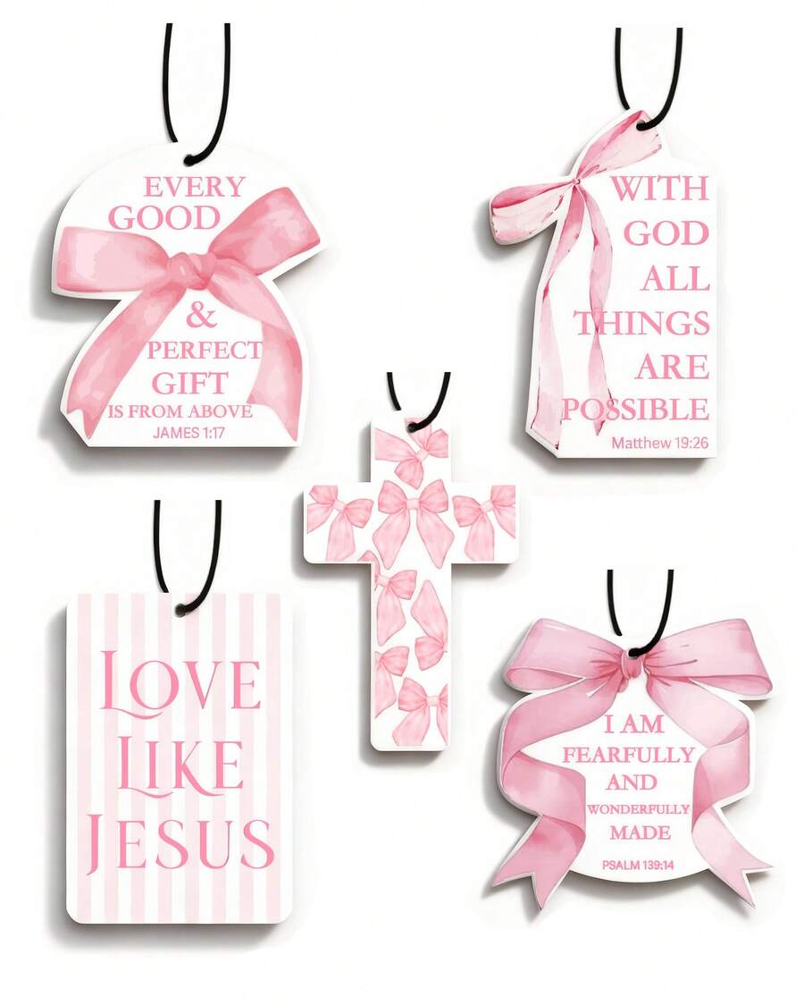 5pcs Inspirational Car Air Freshener Cute Pink Bow Coquette Bible Verses Automotive Accessories Car Interior Hanging Scents Mirror Decor For Women Teen Girls - 靈感 - 查看 1