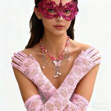 3pcs Vintage 1980s Style Masquerade Party Accessory Set, Including Polyester & Nylon Lace Eyemask, Metal Chain Necklace With Pendant, And Washable Lace Gloves , Elegant Party Outfit, Rave
