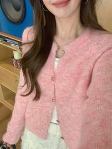 Casual Loose Fit Crew Neck Knit Cardigan, Korean Style