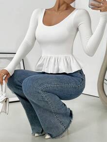 1 pieza Blusa de punto de manga larga con vuelo y diseño sencillo y elegante para mujer