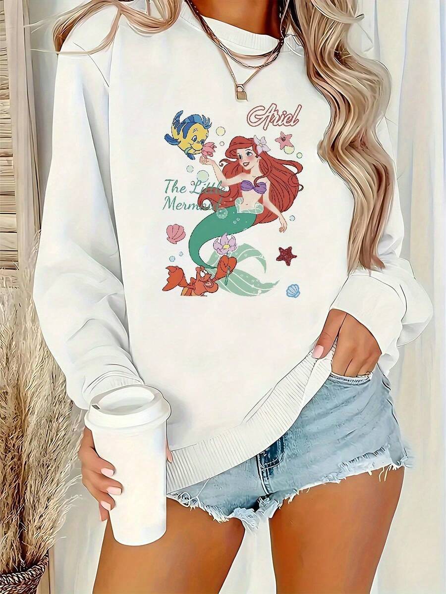 Women'S Long Sleeve Crewneck Sweatshirt - Black With Ariel & Friends Graphic - Soft Pullover For Everyday & Lounge Wear - Fall/Winter Sweater For Women - Non-See-Through Casual Sweater, Cute Sweatshirts, Fall Winter Apparel, Playful Design, Comfortable Fit, Home Loungewear, Cartoon Print, Cozy Material, Unisex Style, Home Comfort Seekers, For Halloween, Christmas, Thanksgiving, Easter, Mother'S Day, Father'S Day, Valentine'S Day, Birthday, Anniversary, Party Outfit, Holiday Gift - White - View 1