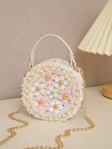 1pc Girls Floral Cute Shoulder Bag, Zipper Closure Small Round Crossbody Bag - Beige - View 1
