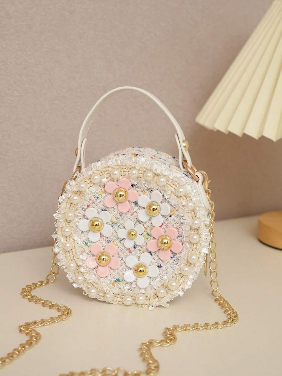 1pc Girls Floral Cute Shoulder Bag, Zipper Closure Small Round Crossbody Bag - Beige - View 1