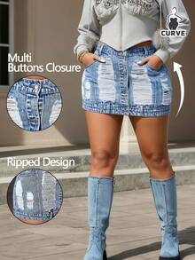 Women's Light Blue Plus Size Stretch Irregular Hole Jeans Skirt Multi Buttons Closure Fashion Personalized Distressed Design Tight Fit Sexy Denin Skirt For Daily Date Holiday Y2K Street Style - 淺色水洗藍 - 查看 3