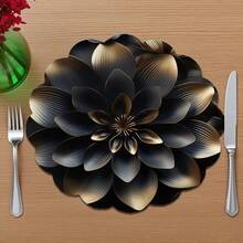 4 Pieces Modern Black Gold Stacked Petal Metal Texture Placemats - Luxury Table Art, Rectangular Polyester Placemats, Elegant Floral Design, Hand Wash Only, Table Decoration - 4件裝 - 15x15英寸 - 查看 5