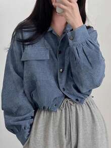Korean Style Retro Short Collared Long Sleeve Blouse, Loose Fit Jacket For Women - Dusty Blue - View 4