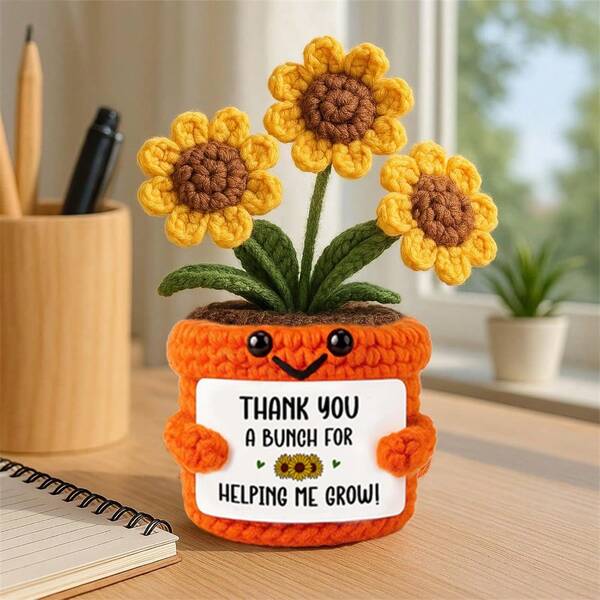 1pc Handmade Crocheted Desktop Decor, Cute Daisy Potted Plant Figurine, Ideal Birthday Gift For Best Friend, Girlfriend, Sister, Mom, Grandma, Coworker, Family, Positive Emotion Support, Creative Party, Halloween, Christmas Decoration, Plush Doll For Boys, Girls, Kids