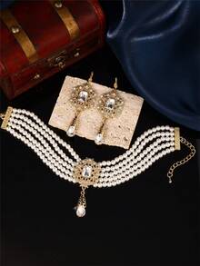 1 Set Luxury Handmade Necklace And Earrings Jewelry Set For Women, Includes Necklace And Earrings, Multi-Layer Design With Metal Pendant, Moroccan Style Bridal Wedding Party Jewelry Gift