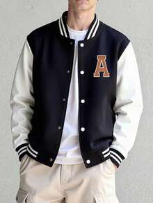 1pc Teenager Boys Casual Loose Fit Contrast Color Letter Print Zip-Up Baseball Jacket, Autumn/Winter