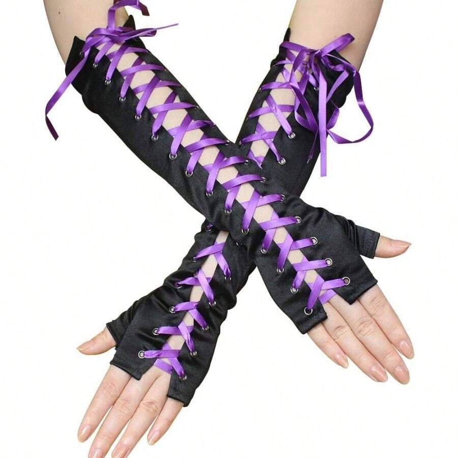 Lace Up Fingerless Gloves Long Elbow Gloves For Costume Party Laceup Arm Warmer - 如圖 - 查看 1