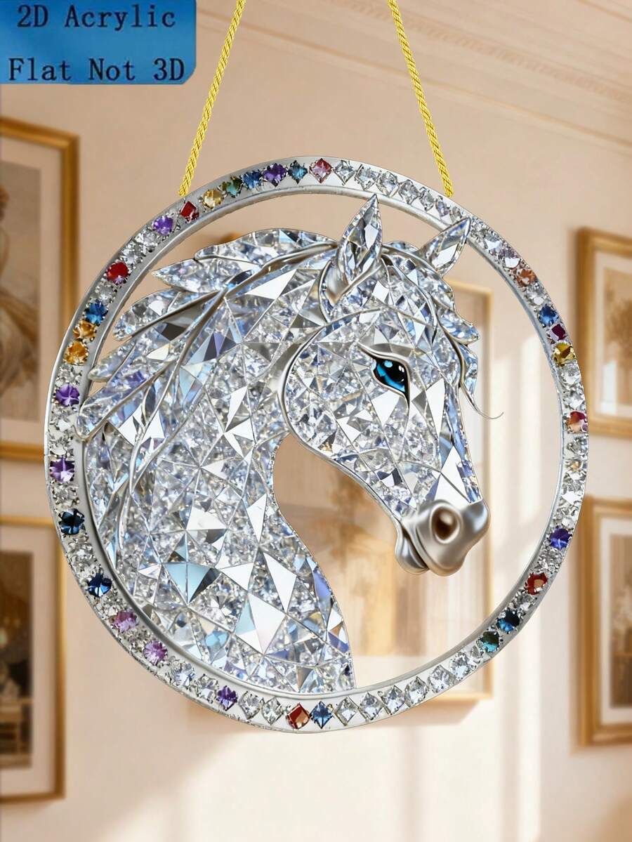 2D平面风格设计，镶嵌钻石的骏马，闪耀的珠宝钻石，多色组合，奢华优雅的风格，富有艺术气息，无需用电，由亚克力制成，适合悬挂在门、窗或墙上，文化主题装饰。