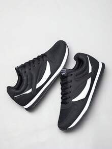 Men's Style Lightweight Comfortable Flat Casual Shoes Round Toe Lace-Up Versatile Fashion Running Sports Shoes - Black and White - View 3