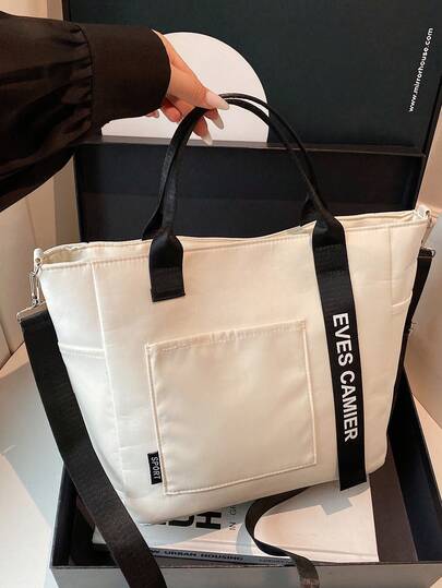 2025 Autumn/Winter Casual Color Block Letter Ribbon Large Capacity Tote Bag, Women's Versatile Commuter Chic Shoulder Handbag