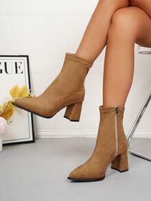 秋冬新款英伦风麂皮短靴，优雅粗跟鸭棕色短靴，复古尖头金属侧拉链靴，粗跟切尔西靴，美式中跟西部靴，时尚短筒靴 - 棕色 - 查看 6