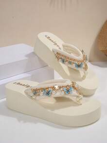 Spring/Summer EVA Vacation Bohemian Platform Wedge Slippers, Beach Holiday Shell Chain Decor Women Sandals - Beige - View 6