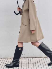 New Autumn/Winter Round Toe Chunky Heel Ankle Boots, British Style Buckle Decor Riding Boots, Flat Non-Over Knee Long Boots - Black - View 2