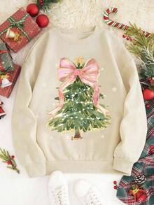 女士休闲长袖圆领毛衣，带圣诞树蝴蝶结印花百搭套头衫，秋季服装，冬季服装，圣诞服饰 - 卡其色 - 查看 3