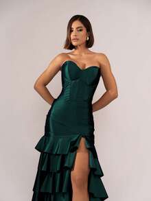 Simple Party Pleated Hem With Asymmetrical Ruffle Formal And Evening - Emerald - View 2