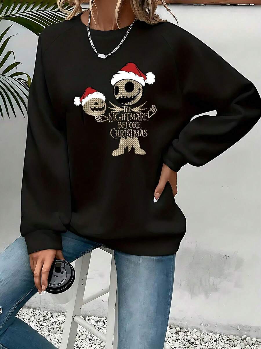 Women'S Halloween Christmas Sweatshirt - "Nightmare Before Christmas" Santa Hat & Candy Cane Design, Cozy Round Neck Pullover For Fall/Winter, Casual & Style, Perfect For Home, Shopping, And, Casual Wear|Playful Design|Comfortable Fit - màu đen - Xem 1