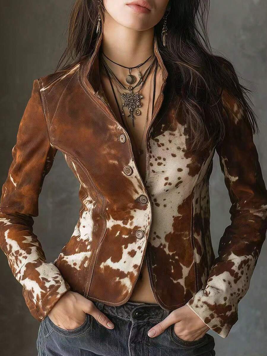 New Women's Long-Sleeved, Single-Breasted Jacket With A Unique Printed Design And Lapel Collar. Slim Fit, Machine Washable. - 棕色 - 查看 1