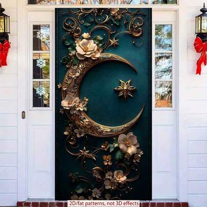 2D Polyester Ramadan Door Banner 1pc Exquisite Golden Crescent Moon Adorned With Flowers On A Teal Background Eid Al-Fitr Photo Props And Supplies, Suitable For Muslim Ramadan And Eid Al-Adha Celebrations, Islamic-Themed Holiday Decorations