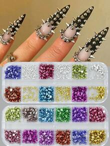 12格3D美甲金属饰品铆钉配件朋克风迷你金属铆钉酷女孩银色摇滚迷你金属铆钉设计美甲用品装饰DIY美甲宝石美甲用品 - 彩色 - 查看 4