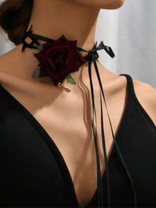1pc Vintage Dark Rose INS Collarbone Chain Punk Niche Design Necklace - Multicolor - View 3