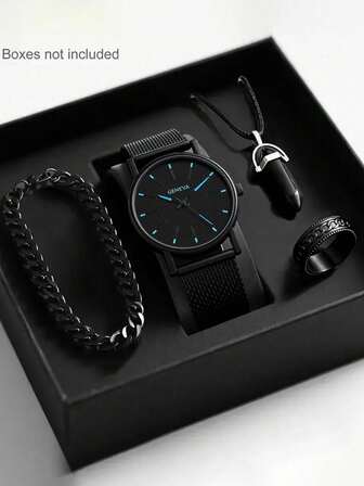 4/1 Set Boy Fashion Simple Business Classic Round Bezel Pointer Display Quartz Watch, Suitable For Boys To Wear. It Comes With A Luxurious And Fashionable Bracelet, Necklace And Ring Set. Suitable For Students To Use, It Is Very Suitable For Daily Wear, Such As Going Back To School, Parties And Traveling. As A Gift, It Is Very Appropriate For Friends, Birthday Gifts, Graduation Season Gifts, Christmas Gifts. It Is The Perfect Gift For Boys.