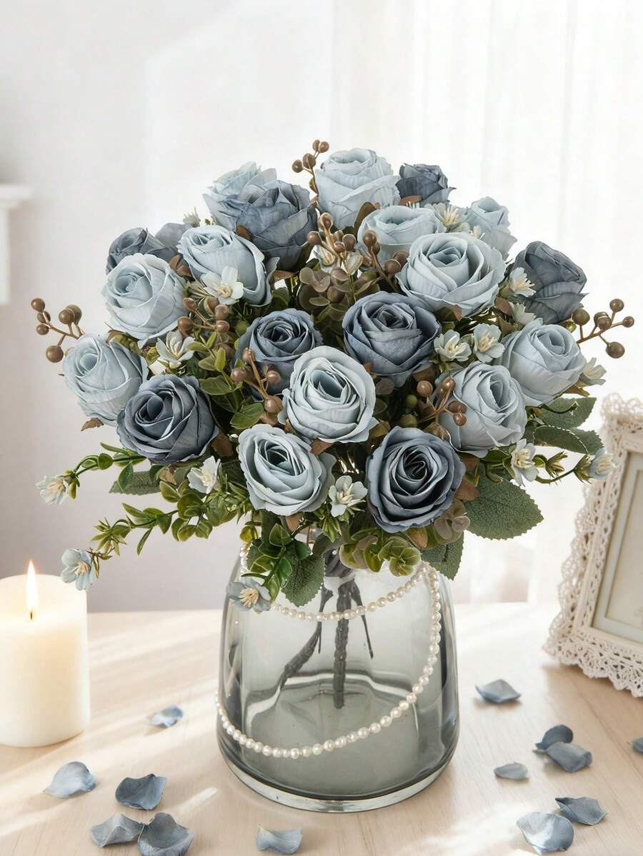 1/80 Stücke künstlicher Rosenstrauß, gestickte Kugel, gemischte Pfingstrosen, Brautstrauß, Hochzeitsdekoration, DIY-Kranzmaterial, Geburtstagsdekoration, Esszimmer, Wohnzimmer, Vase, Garten, Valentinstag, Neujahrsgeschenk - Blau - Übersicht 1