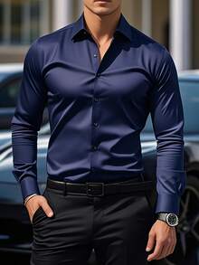 Men's Three-Piece Set, Solid Color Long-Sleeved Business Shirt, Formal And Professional Work Shirt, Suitable For Office Work And Business Travel, Office Wear, Business Attire, Corporate Men, Professionals On The Job, High-Quality Material - 藏蓝色 - 查看 1