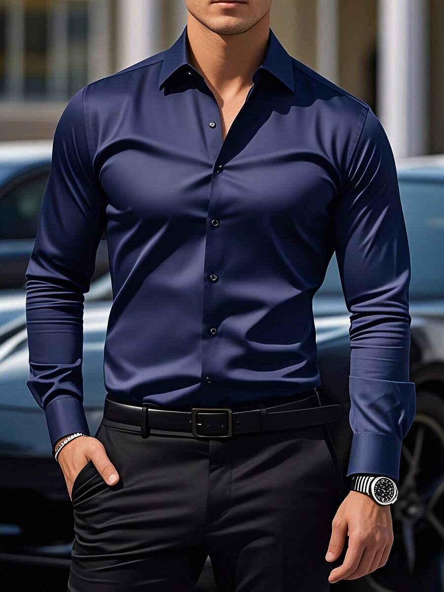 Men's Three-Piece Set, Solid Color Long-Sleeved Business Shirt, Formal And Professional Work Shirt, Suitable For Office Work And Business Travel, Office Wear, Business Attire, Corporate Men, Professionals On The Job, High-Quality Material - 藏蓝色 - 查看 1
