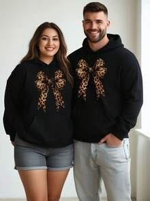 Sudadera con Capucha Negra con Diseño de Lazo y Estampado de Leopardo, Sudadera Casual de Moda para Hombre y Mujer, Otoño/Invierno - Negro - Ver 2