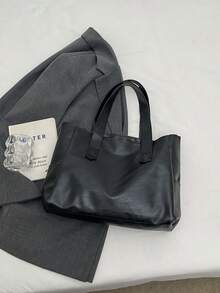 Trending Cross-Border Handbag, Unisex, Fashion, PU Material, Solid Color, Minimalist, Multifunctional Shoulder/Underarm/Top Handle Bag, Suitable For Daily Casual, Commuting, Shopping, Travel And Various Occasions - Black - View 8