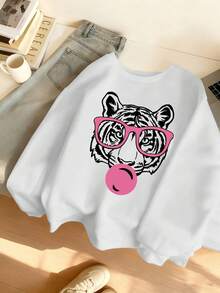 1件少女休闲印花圆领卫衣，加厚长袖套头衫，适合学生，秋冬季 - 眼镜老虎印花卫衣，适合想要脱颖而出的动物爱好者 - 白色 - 查看 4