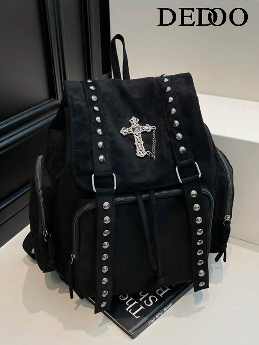 Dedoo Vintage Rivet Backpack, Faux Suede Retro Punk Style Travel Backpack, Gothic College Style Backpack For Women