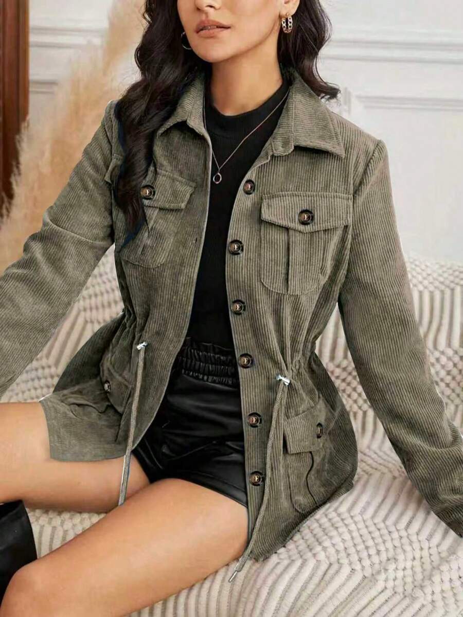 Solid Color Casual Loose Pocket Button Long Sleeve Women Jacket - Army Green - View 1