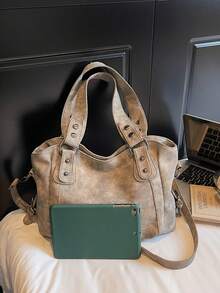 Nouveau sac fourre-tout de grande capacité, sac à épaule polyvalent pour femmes, sac bandoulière et sous le bras de couleur unie mate - Kaki - Voir 7