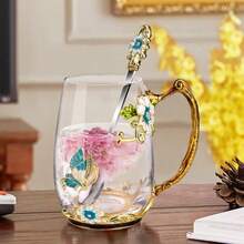 Tazas de Café de Vidrio de Té 12 oz Tazas de Esmalte Hechas a Mano con set de cuchara Regalos del Día de la Madre para mamá/abuela Regalos de Navidad de bodas de Cumpleaños para mujeres - CrisantemoOtro - Ver 5