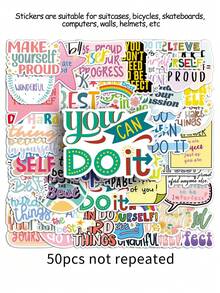 50张励志语录贴纸，涂鸦装饰贴纸，防水乙烯基贴纸，适用于水瓶、汽车、杯子、电脑、吉他、自行车、摩托车、滑板、头盔、行李箱、日记本等，DIY剪贴簿材料，美观贴纸套装 - 彩色 - 查看 7