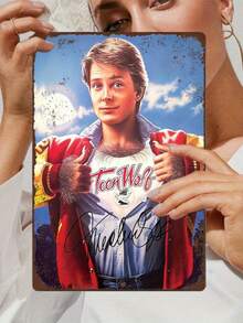 2D Flat, 1pc Teen Wolf Movie Poster - Michael J. Fox Signed Vintage Metal Poster - Retro 80s TV Show Decor - Official Autograph - For Home, Office, Bar, Party - BirthdayChristmasHalloween Gift For Fans - No Electricity Neede - 白色 - 查看 1