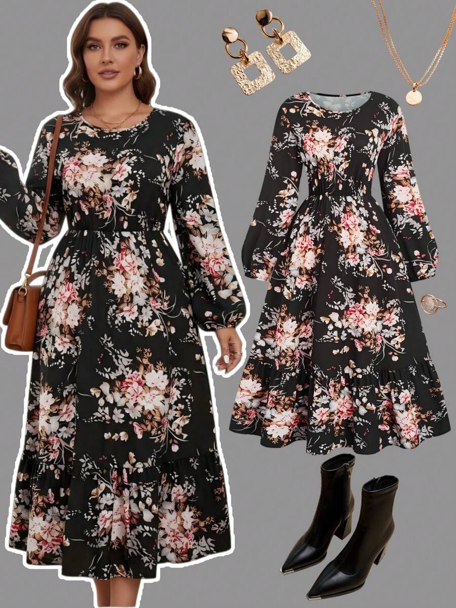 Plus Size Floral A-Line Dress, Women Lantern Sleeve Round Neck Ruffle Hem Flare Long Woven Dress