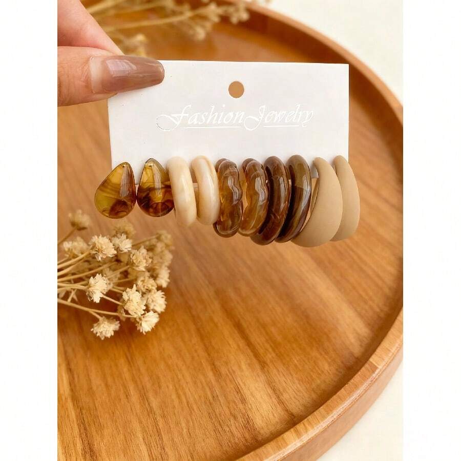 "1 Set (5 Pairs) Cross-Border Comma & Water Drop & Simple C Stud Earrings - Lovely & Minimalist Earring Set" - 彩色 - 查看 1