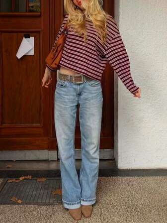 Plus Size Women's Retro Colorblock Striped Long Sleeve Round Neck T-Shirt, Regular Fit Commute Daily Casual Office Top, Contrast Collar Versatile Christmas Outfit