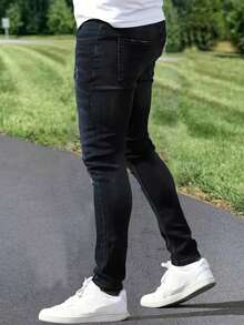 Plus Size Men's Fashionable Distressed Stretch Denim Jeans - Grey - View 3