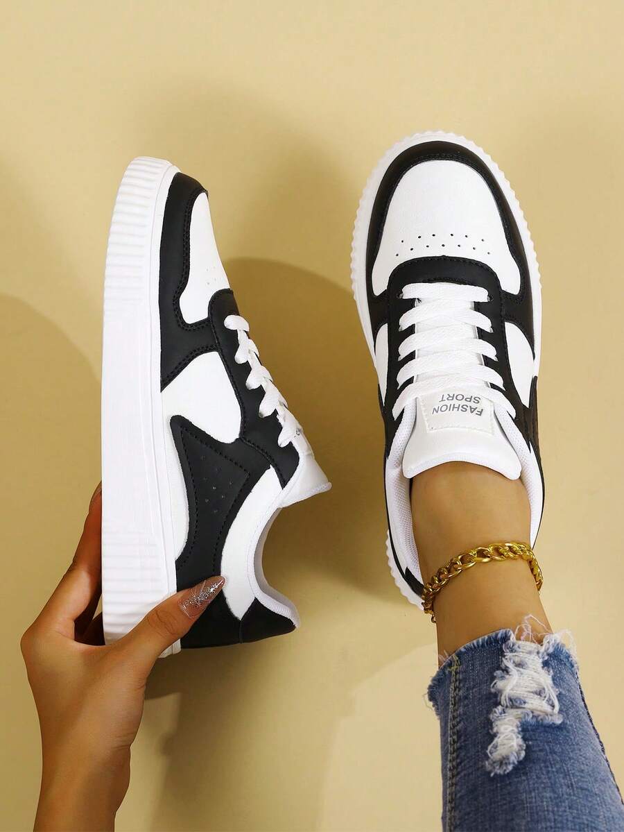 低帮女式运动鞋，休闲滑板鞋，运动鞋，学生鞋，时尚撞色系带设计，透气柔软，适合所有季节 - 黑色 - 查看 1